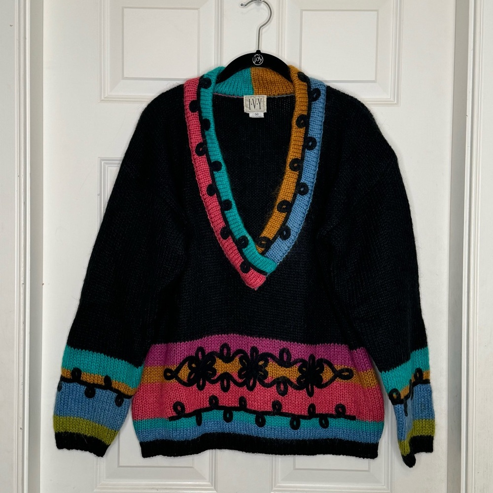 Vintage 90s Sweater Mohair Blend Color Block Funky Colorful Size Medium